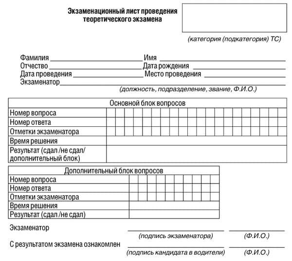 купить лист сдачи теоретического экзамена ПДД в Реутове